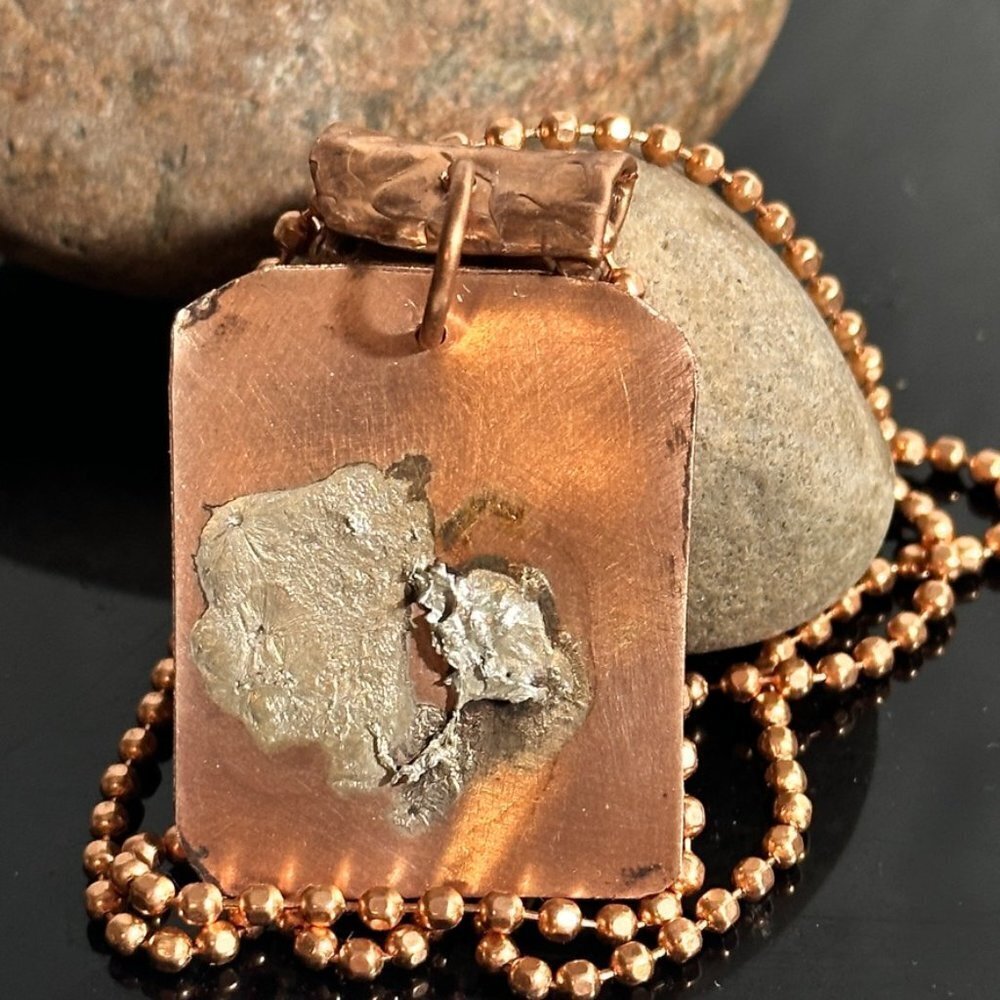 Sterling Silver 925 Reticulated Copper Dog Tag Unisex Pendant Necklace rustic
